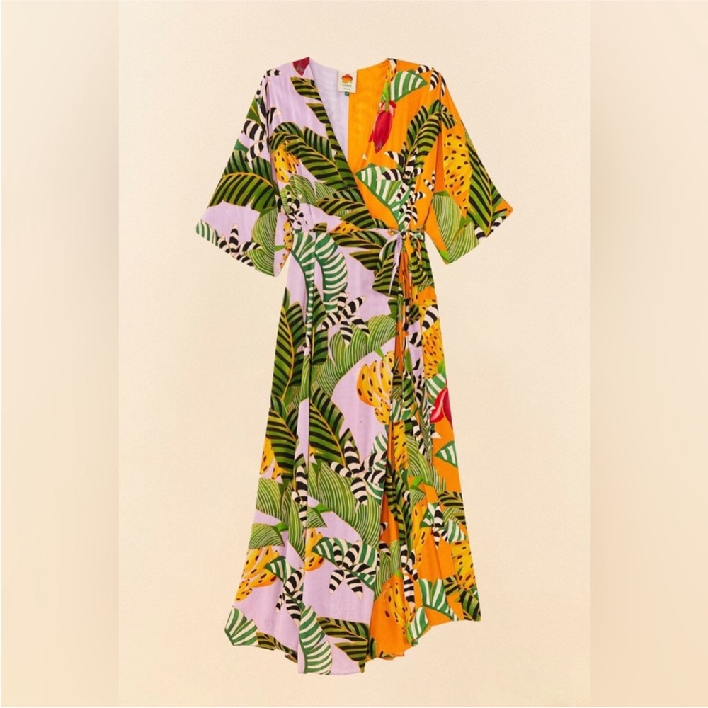 NWT FarmRio Mixed Striped Bananas Wrap Dress Size L